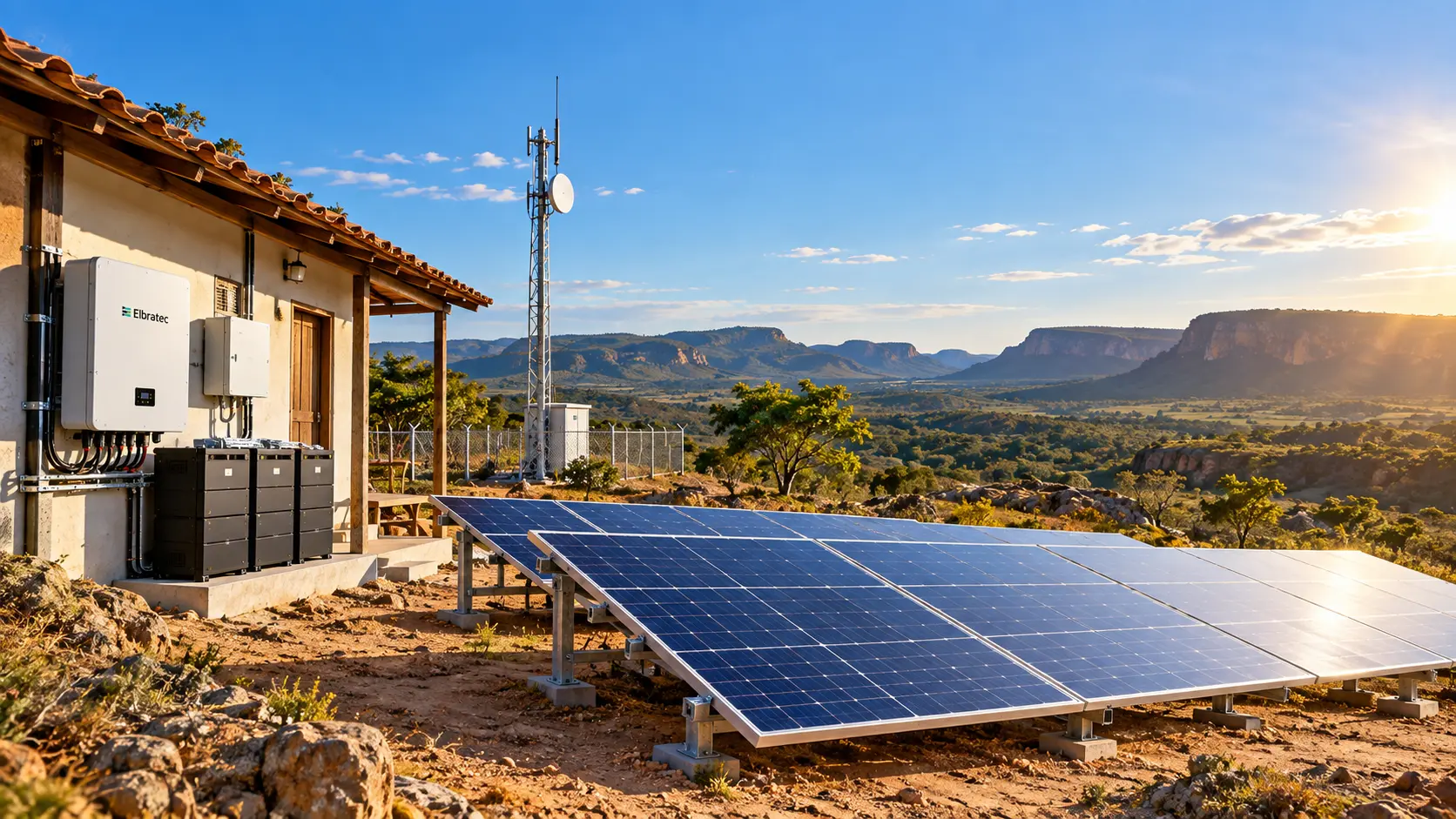 Instalação off-grid em local remoto com casa, painéis solares e baterias