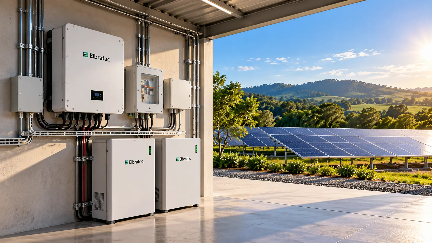 Inversor Elbratec e baterias em ambiente coberto, com painéis solares ao fundo