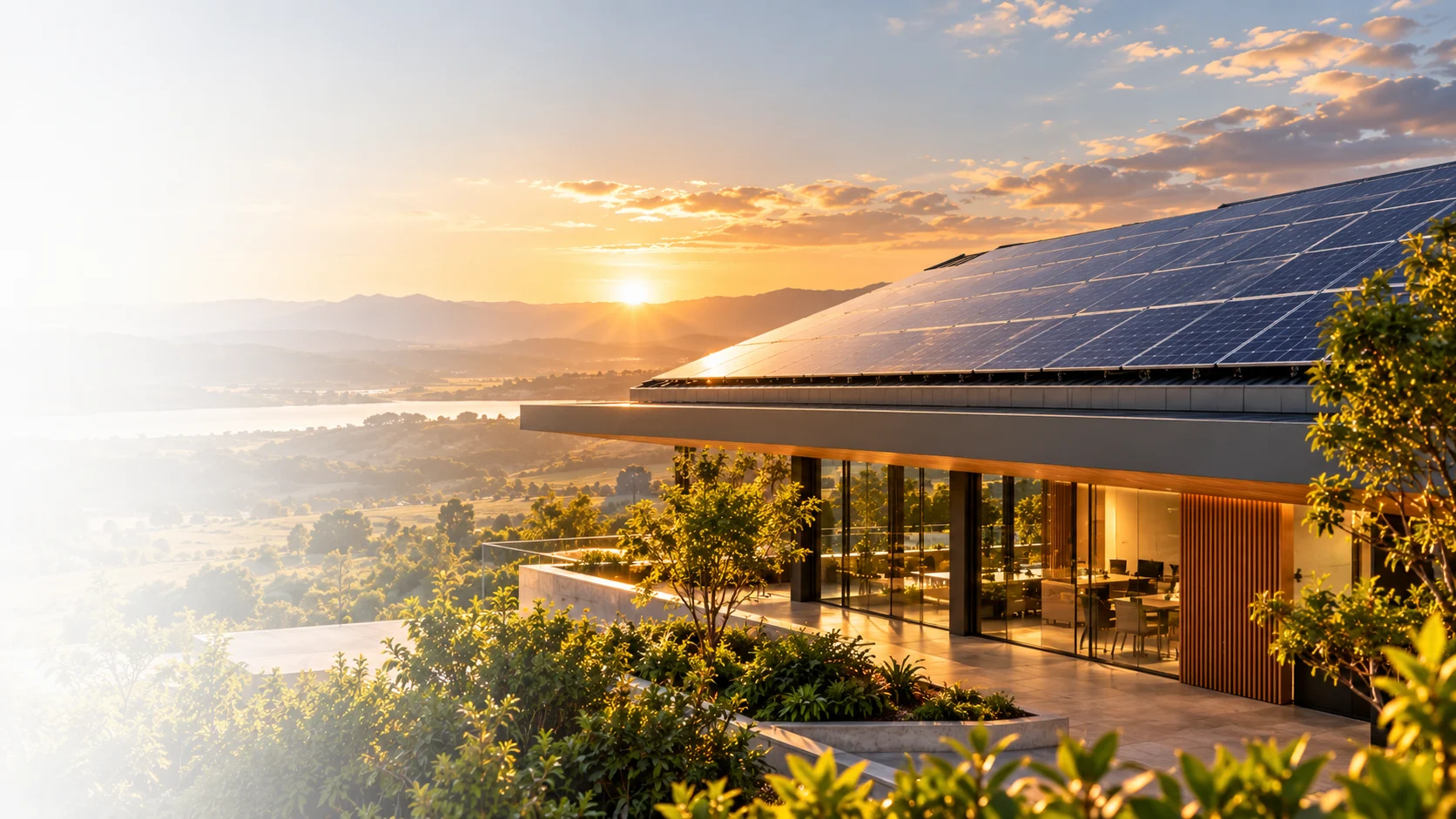Arquitetura moderna com painéis solares no telhado ao pôr do sol