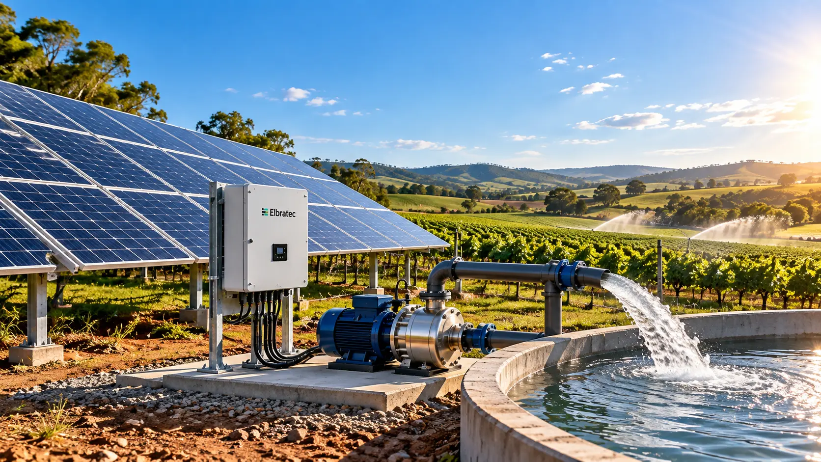 Painéis solares, inversor Elbratec e bomba levando água ao reservatório