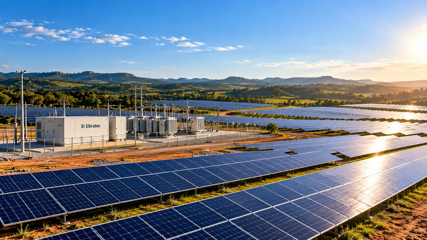 Usina solar de grande porte com fileiras de painéis e infraestrutura elétrica